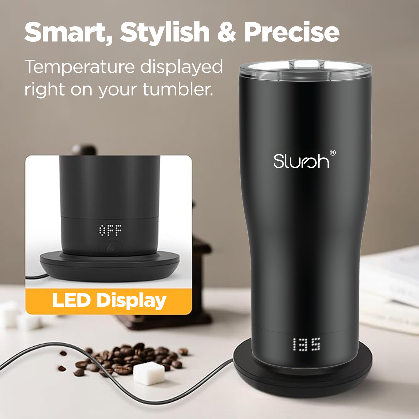 Slursh smart temperature control tumbler with LED display and Slursh branding on a neutral background