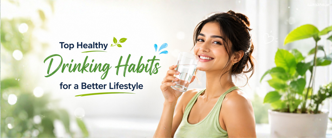 Women drinking water with text on side quotingTop Healthy Drinking Habits