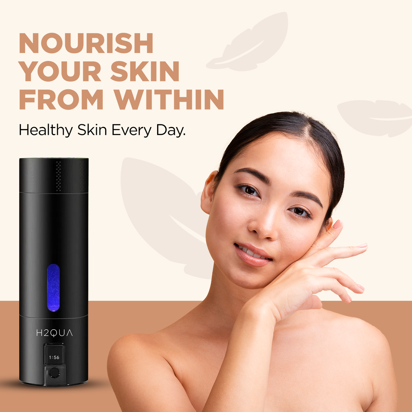 Woman with smooth skin next to H2QUA Hydrogen Water Bottle with text 'Nourish Your Skin From Within' featuring hydrogen water benefits.