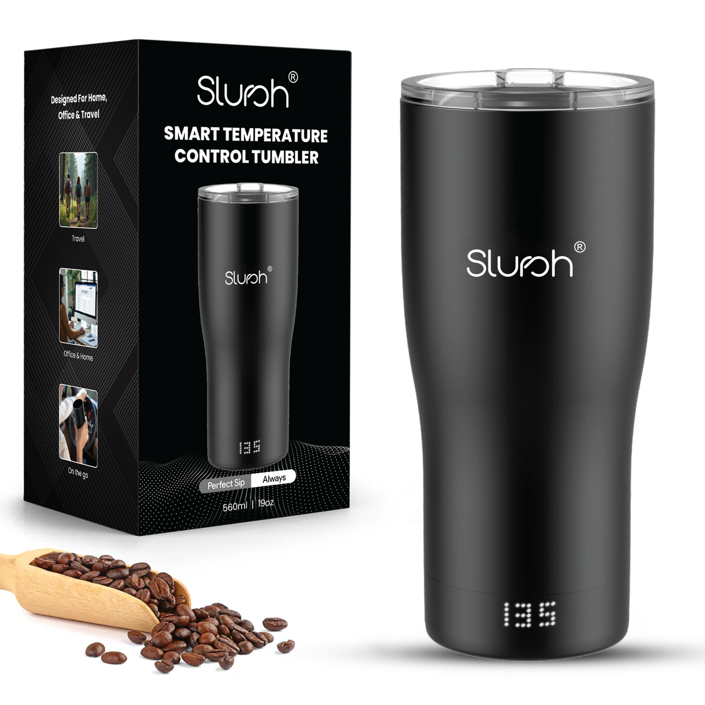 Black Slursh smart temperature control tumbler with packaging and coffee beans on a white background